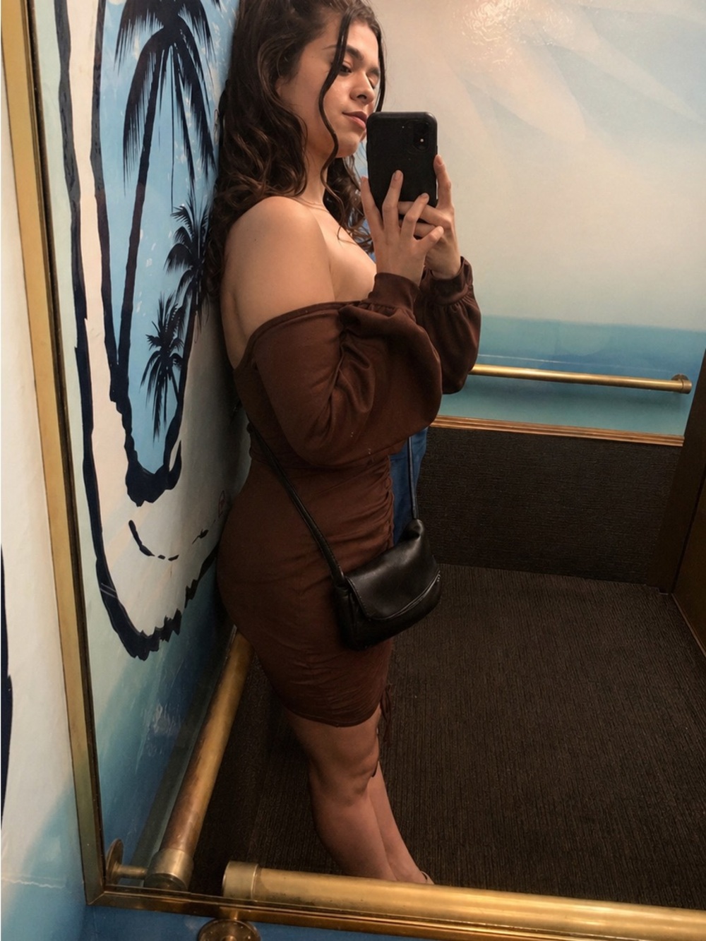 PrettyLittleThing Chocolate Brown Ruched Long Sleeve Mini Dress - Picture 2 of 2